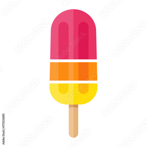 A colorful popsicle with three distinct layers of different fruit flavors on a wooden stick.