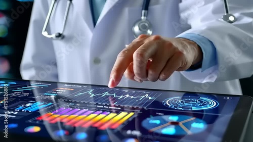 Doctor analyzing patient data on a tablet, showcasing health metrics and digital graphs in a clinical setting