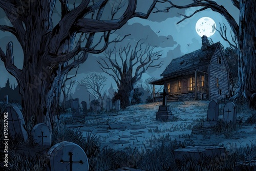 Halloween night mystery graveyard illustration
