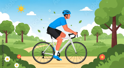 A man is riding a bicycle on a sunny day in the park, enjoying the fresh air and beautiful scenery its a great way to exercise