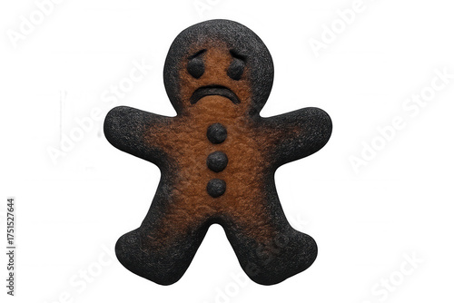 Burnt sad gingerbread man cookie concept representing cooking failure, disappointment, or an overcooked baking mishap