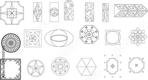 A set of black and white line art decorative elements, including geometric patterns, ornate flourishes, and abstract shapes for various uses.