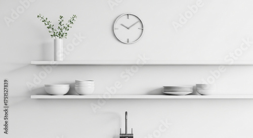 A minimalist interior with shelves, dishes, and a clock is depicted in this photograph, it is a simple and clean design