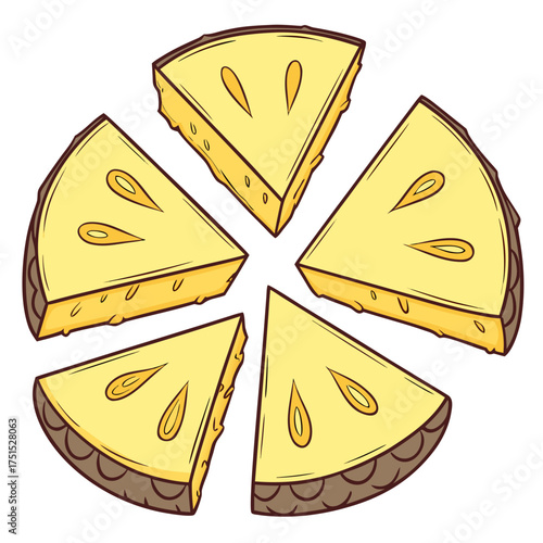 Set of five fresh tropical pineapple fruit pieces or triangular wedges without background