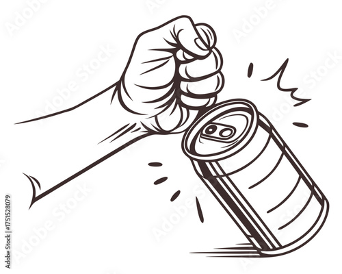 A powerful hand crushing and squeezing a silver aluminum beverage can for recycling with no background