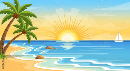 A serene tropical beach scene with palm trees swaying gently in the breeze, a radiant sun setting over the horizon, and a sailboat gliding across the tranquil sea