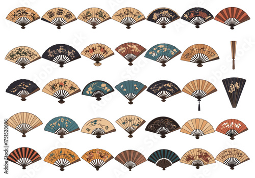 An assortment of intricately designed folding fans with decorative patterns.