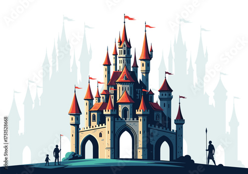 Majestic medieval fairytale castle with flags and guards in front of a misty background.