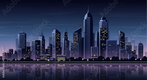 A modern city skyline at night reflects beautifully in the water, showcasing the architectural brilliance and urban landscape under a dark sky
