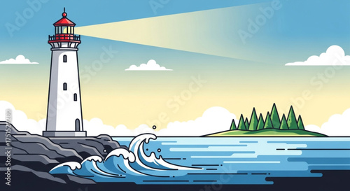 A picturesque lighthouse stands tall on a rocky coast, its beam guiding ships through the night, with an island in the distance and waves crashing ashore