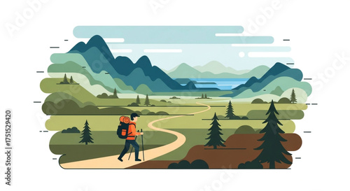 A man with a backpack is hiking on a path through the mountains, enjoying the beautiful scenery and fresh air on a sunny day