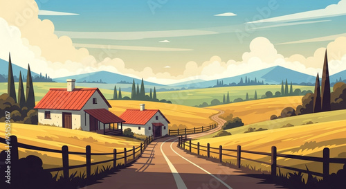 Picturesque rural landscape featuring a quaint farmhouse nestled in golden fields, with rolling hills and a vibrant sky, creating a peaceful and inviting scene