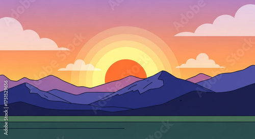 Colorful sunset over mountain range with vibrant hues of orange, purple, and blue, creating a stunning and serene landscape, perfect for background