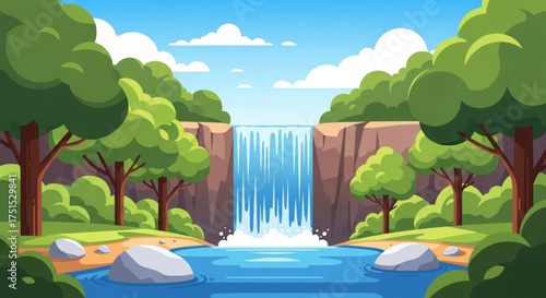 A serene waterfall cascades down a rocky cliff, surrounded by lush green trees and a tranquil pool, creating a peaceful and inviting natural scene