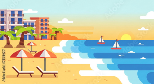A serene beach scene unfolds with sunbeds, umbrellas, and sailboats dotting the horizon, creating a tranquil coastal paradise under a clear sky