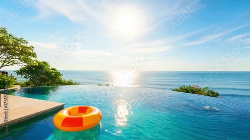 Luxurious infinity pool with ocean view, floatation device, sun, and lush greenery