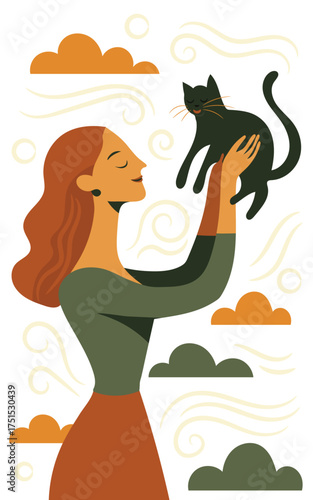 Affectionate Embrace: A person tenderly cradles a sleek black cat, embodying companionship and love, beneath a whimsical sky vector illustration.