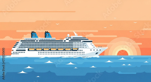Cruise ship sailing on the ocean at sunset with orange and blue sky, featuring a modern design and calm water, perfect for a relaxing vacation