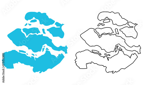 Map of the province of Zeeland, Netherlands. Map with detailed outlines and blue silhouettes