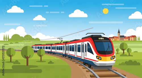 A modern electric train hurtles through the picturesque countryside, passing lush green fields, trees, and a charming village under a sunny sky with fluffy clouds