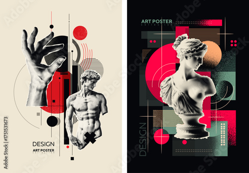 Stylish posters with halftone newspaper antique statues and geometric shapes
