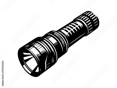 Black and white drawing of a modern tactical led flashlight isolated on white