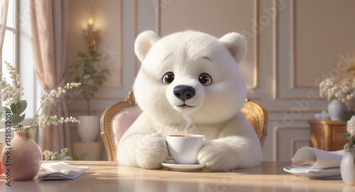 A cute cartoon bear enjoying a warm cup of tea