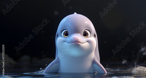 A Cute Cartoon Dolphin Emerging from Water with Big Eyes