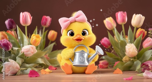 A Cute Fluffy Baby Duckling with a Pink Bow and a Watering Can Amidst Tulips