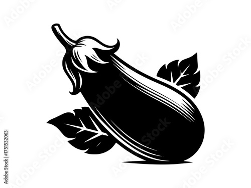 Stylized silhouette of a fresh eggplant with leaves silhouette isolated on white