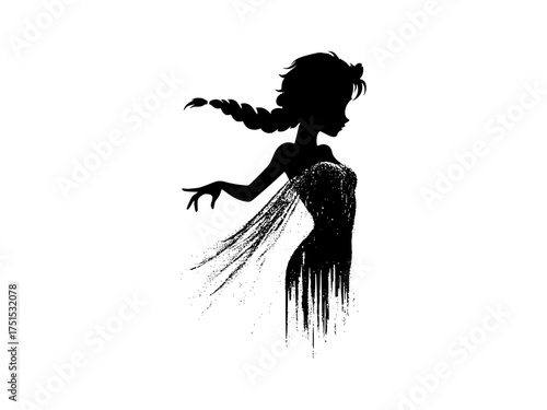 Mysterious silhouette of a woman with braided hair dancing with a swirling dress