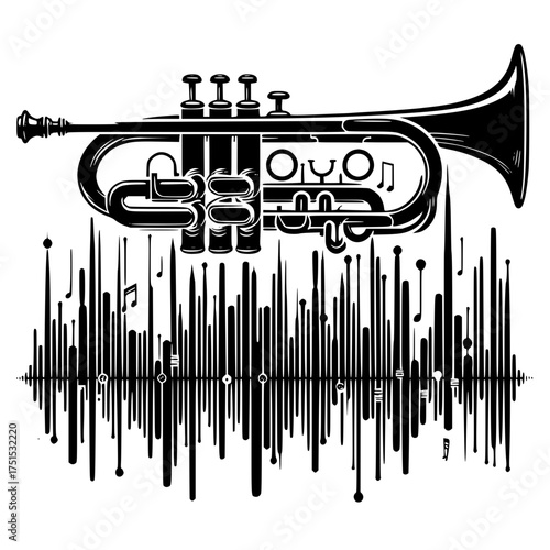 Black and white illustration of a trumpet above a sound wave