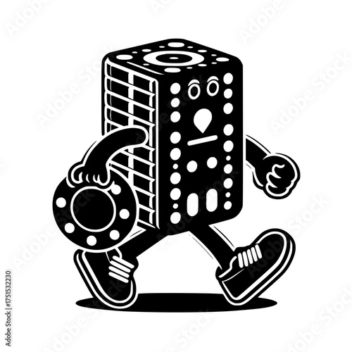 Cartoon air conditioner character walking with a tire