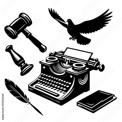 Vintage typewriter gavel quill pen dove and book illustration