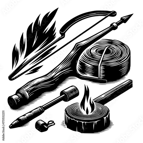 Vintage illustration of survival gear and fire starting tools