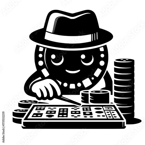 Cartoon character in a fedora playing a casino game with chips