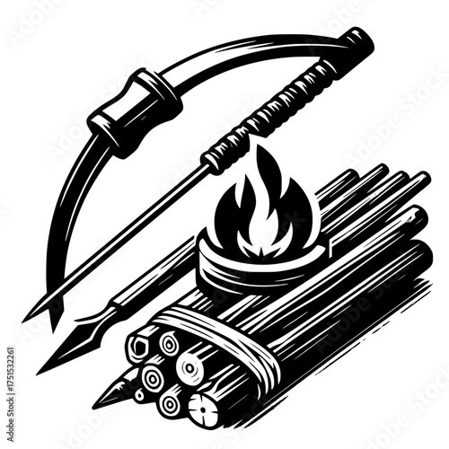 Vintage illustration of survival gear bow arrow firewood and flame