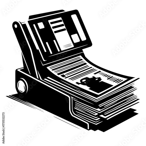 Black and white illustration of a document scanner with a stack of papers