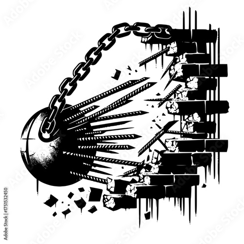 Wrecking ball with spikes demolishing a brick wall