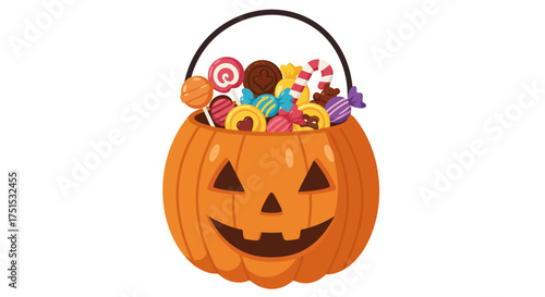 Halloween pumpkin basket filled with candy, lollipops, and treats.