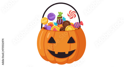 A pumpkin-shaped basket filled with various candies, including lollipops and chocolates.