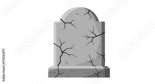 Cracked gray tombstone with rounded top on a white background.