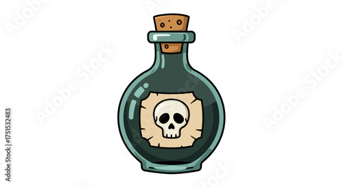 Cartoon illustration of a green poison bottle with a skull label and cork stopper.