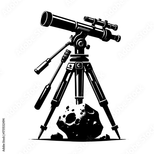 Black and white illustration of a telescope on a tripod with an asteroid
