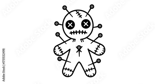 Voodoo doll with pins, black and white illustration.