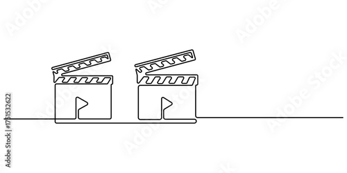 Film clapper in one line drawing. Clapper board and film reel continuous one line drawing. Minimalist entertainment concept. Movie scene episode production concept. Editable outline