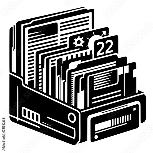Black and white illustration of a document organizer with files and folders