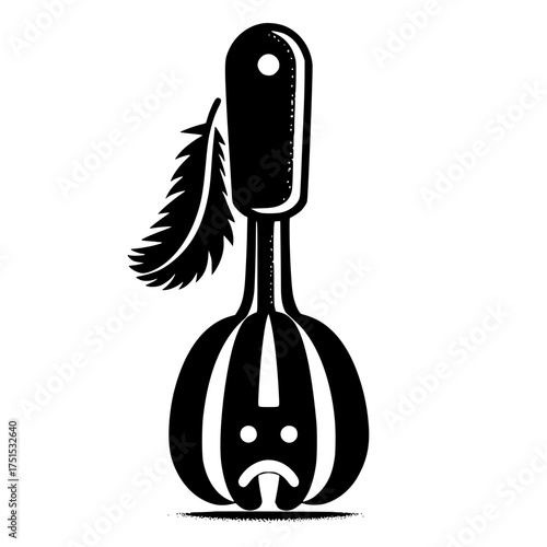 Whimsical black and white illustration of a sad pumpkin with a feather
