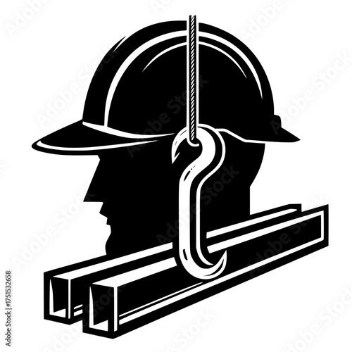 Industrial worker s head in hard hat with metal beams and lifting hook