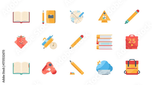 Colorful flat design icon collection of various educational objects and school stationery items for learning concepts